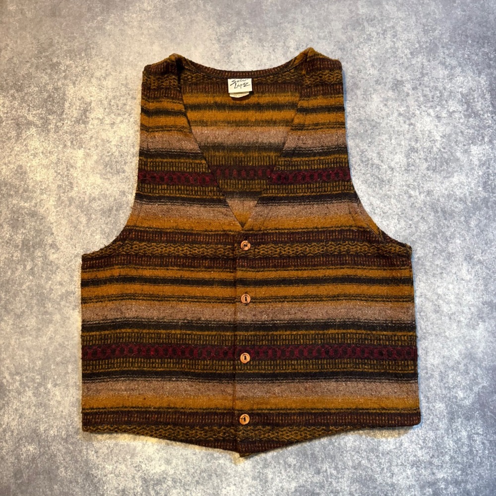 Vintage Senor Lopez‎ Womens Large Brown Vest Striped Baja Knit Southwestern Boho